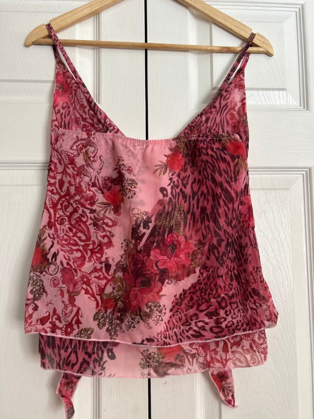 Y2K Patchwork Halter Top Pink Floral Leopard Double Layer Tie Straps Size M